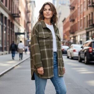 Sonoma Trendy Olive Plaid Oversized Shirt Jacket Utility Shacket Comfy